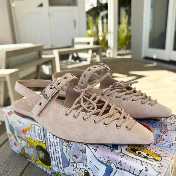 New Jeffrey Campbell Lexii Laced Suede Slingback Flats Beige Cream US 6 - Picture 11 of 17